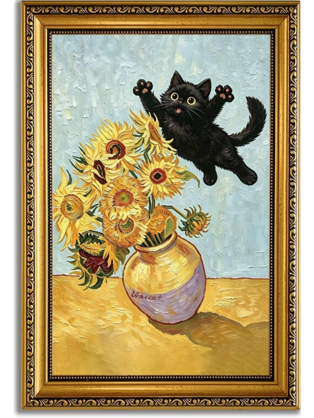 Black Cat Sunflower Wall Art - 16x24 Inch Gold Framed Decor for Home